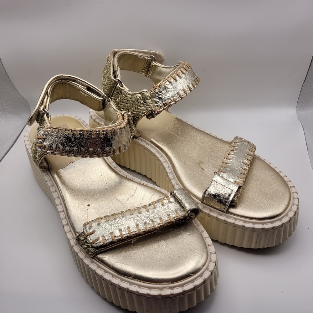 Dolce Vita Womens Gold Metallic Flatform Sandals Whipstitch Strappy Size 9
